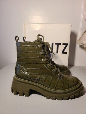 SCHUTZ Olive Green Croc-Embossed Lace-Up Platform Boots Womens Size 9B